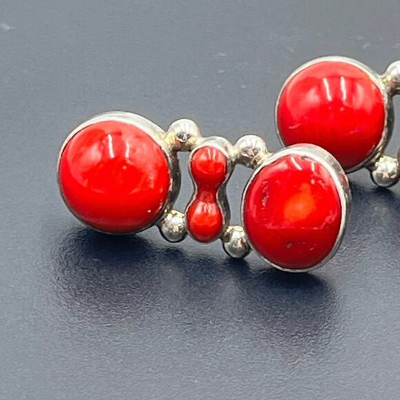 Vintage 950 Mexican Sterling Silver Red Coral Drop Post Earrings Taxco Style - Picture 2 of 11